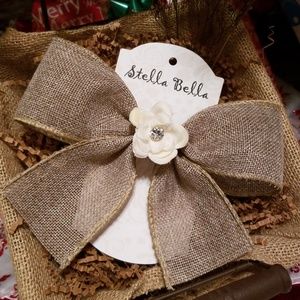 Burlap Bow w/Flower & Jewel Hair Clip